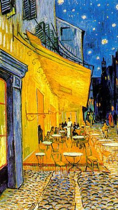 a painting of an outdoor cafe with tables and chairs in front of the building at night