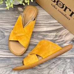 - New In Box. Slide Into The Soft Comfort Of A Cushy Sandal Crafted With Supple Leather Straps Atop A Padded Footbed And Flexible Rubber Sole. Cushioned Footbed Suede Leather Upper And Lining Rubber Sole Imported - Orders Are Shipped On The Same Day Or The Next Business Day. Cheap Yellow Sandals With Cushioned Footbed, Affordable Yellow Open Toe Slippers, Affordable Yellow Slip-on Sneakers, Cheap Non-slip Orange Sandals, Born Shoes, Cross Straps, Slide Sandals, Women's Shoes Sandals, Suede Leather