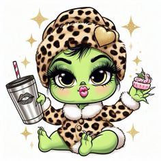 a cartoon character holding a drink and wearing a leopard print outfit with stars on the background