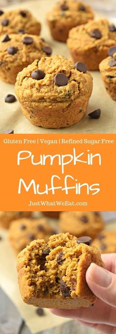 pumpkin muffins with chocolate chips on top and in the background, there is a hand holding one