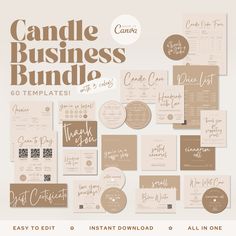 a bunch of cards and envelopes with the words candle business bundle written on them