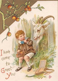 an old fashioned greeting card with a boy and goat