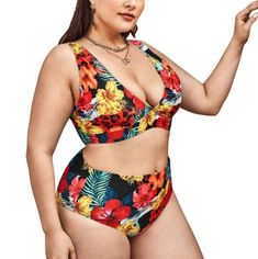 Plus Size Floral Print High Waist Tankini Set Multicolor V-neck Tankini For Pool, Multicolor V-neck Tankini For Swimming, Black V-neck Swimwear For Vacation, Printed V-neck Swimwear For Beach, Tropical V-neck Swimwear For Vacation, Printed V-neck Beachwear Swimwear, Hawaiian V-neck Swimwear For Vacation, Multicolor V-neck Tankini For Beachwear, Hawaiian V-neck Swimwear For Poolside