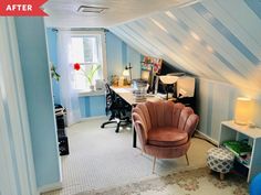 a room with a chair, desk and other items in the area that is painted blue