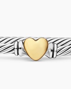 David Yurman | Classic Cable Heart Station Bracelet in Sterling Silver with 18K Yellow Gold, 3mm Yurman Bracelet, David Yurman Bracelet, Fawn Colour, Station Bracelet, Women's Bracelets, Rare Gemstones, Yellow Gold Bracelet, Hook Clasp, High Jewelry