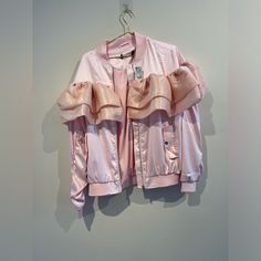 Nwot Size Small Akira Light Pink Zip Up Jacket\Cute Feminine Girly Ruffled Jacket Spring Long Sleeve Outerwear With Ruffles, Trendy Long Sleeve Outerwear With Ruffles, Pink Ruffled Long Sleeve Outerwear, Varsity Jacket Women, Ruffle Jacket, Varsity Jackets, Green Vest, Zip Up Jacket, Outfits Ideas