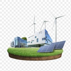 wind turbines and solar panels in front of a building with green grass on the ground