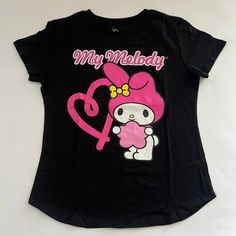 Brand New Without Tag Sanrio My Melody Graphic Tee Size L 11/13 Black Hello Kitty Print Top For Spring, Fitted Black Top With Hello Kitty Print, Fitted Black Hello Kitty Top, Fitted Black Hello Kitty Print Top, Black Hello Kitty Spring Top, Hot Topic My Melody And Kuromi, Sanrio Tshirts, Black Hello Kitty Print Short Sleeve Top, Hello Kitty Print Cotton Graphic Tee