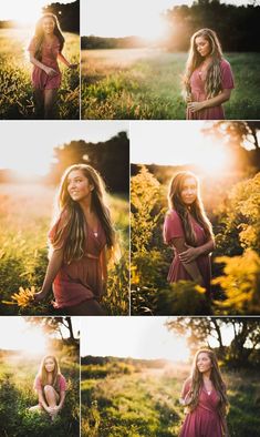 a beautiful young woman posing in the grass with her long hair blowing in the wind