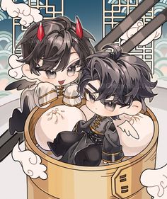 two anime characters are sitting in a bucket