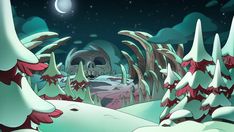 a cartoon scene with snow covered trees and a skull in the distance, at night