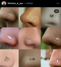 multiple images of different nose piercings on women's lips and noses, all in various shapes and sizes