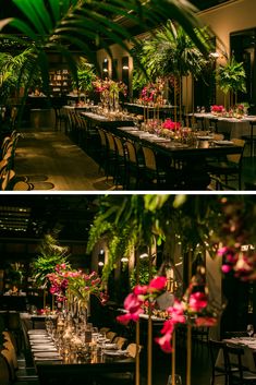 two pictures of tables with flowers and candles on them, one is decorated with greenery