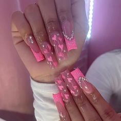 24pcs Glossy Long Square Glitter Pinkish French Tip Press On Nails With Heart And Rhinestone Design Nails With Hearts, Vday Nails, French Tip Press On Nails, Long Acrylic Nail Designs, Girly Acrylic Nails, French Tip Acrylic Nails, Short Square Acrylic Nails, Unique Acrylic Nails, Nail Swag