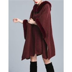 The Hooded Cape Cloak Coat Women Is Made Of High-Quality Wool Blend Fabric And Faux Rabbit Fur. The Texture Is Soft And Skin-Friendly, While Plays An Effective Role In Keeping Warm In The Cold Winter. This Warm Winter Cape Jackets For Women Featured With A Bat Sleeve, And The Loose Version Is Suitable For Women Of Any Body Type. The Open Front Cardigan Has A Buckle Under The Neckline For Easy Wearing. This Hooded Cloak For Women Is Suitable For Daily, Leisure, Chilly Wedding Day, Shopping, Worki Hooded Burgundy Outerwear For Winter, Hooded Burgundy Outerwear For Fall, Burgundy Hooded Outerwear For Winter, Burgundy Winter Outerwear For Cold Weather, Cozy Burgundy Winter Outerwear, Winter Cloak, Winter Cape, Faux Fur Cape, Cape Cloak