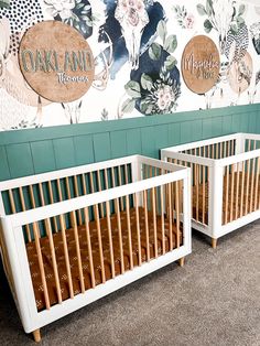 Twin nursery with accent wall and two cribs, modern and boho nursery Twin Nursery Name Signs, Boy And Girl Nursery Shared Room Ideas, Boy Girl Nursery Shared, Boy And Girl Shared Nursery, Nursery With Accent Wall, Twin Boy And Girl Nursery, Twin Boy Girl Nursery, Twin Nursery Boy And Girl