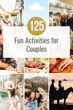 a collage of pictures with the words fun activities for couples on them and people standing around