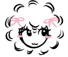 a cartoon sheep with pink bows on it's head and eyes, looking to the side