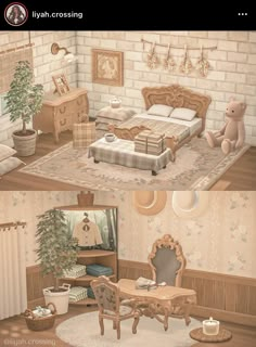 there are two pictures of a bedroom with furniture and decorations on the walls, one is made out of wood