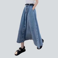 Be daring and make a statement this season with our 2023 Spring-Summer Collection street trend long flare women's denim skirt! This high-waisted denim skirt is designed to hug your silhouette. it has a fit type and flare fit and features a zipper and a button closure for added style and functionality. It also has a pebble-washed design with a distinctive damaged pattern. making it the perfect mix of contemporary fashion and nostalgic grunge.Key Highlights: Grunge Galore: Inspired by the iconic ' Flare Denim Skirt, Denim Skirts Online, Flared Denim Skirt, Womens Denim Skirts, High Waisted Denim Skirt, Jeans Skirt, Denim Skirt Women, Street Trends, Denim Flares