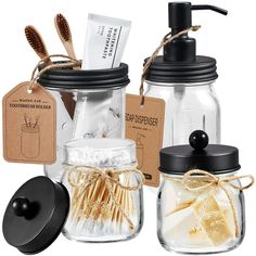 PRICES MAY VARY. Metal LUXURY FUNCTIONAL BATH ACCESSORY SET - 4 piece farmhouse rustic decor design mason jar bathroom set, perfect for organizing your bathroom or adding style to your room.Ideal decoration fits various styles: rustic decor, industrial style, western decor, morden style, contemporary decor, country decor. Ideal bathroom accessories set for home decor, bathroom decor, farmhouse decor. Great for the kitchen and bath, for countertop organize, vanity top, makeup table and craft. RUS Apothecary Jars Bathroom, Mason Jar Toothbrush Holder, Pint Mason Jars, Farmhouse Rustic Decor, Mason Jar Soap Dispenser, Mason Jar Bathroom, Wide Mouth Mason Jars, Bathroom Storage Solutions, Foam Soap Dispenser