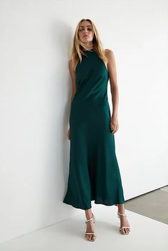 Petite Dresses | Petite Midi Dresses | Warehouse UK Warehouse Green Dress, Dark Green Silk Dress Formal, Halter Dress Midi, High Neck Slip Dress, Halter Green Dress, Wedding Guest Dress Halter Neck, Halter Neck Wedding Guest Dress, Halter Neck Backless Dress, Halter Neck Dress Outfit