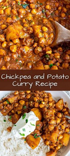 chickpea and potato curry recipe in a bowl with rice