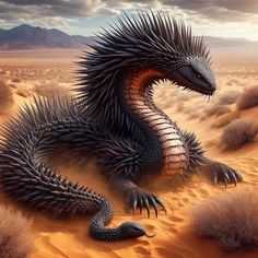 a large black dragon sitting on top of a sandy desert field with mountains in the background