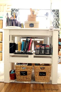 two baskets are sitting on top of a shelf