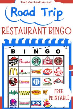 the road trip restaurant bingo game is shown in red, white and blue with words on it