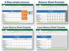 four screens showing how to use balance sheet templates in excel and powerpoint presentations