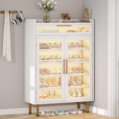 a white cabinet with glass doors and shoes on it's sides in a room