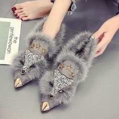 Winter Loafers, Winter Flats, Pointed Flats Shoes, Fur Sandals, Winter Heels, Grey Flats, Fur Shoes, Fox Head, Winter Ankle Boots