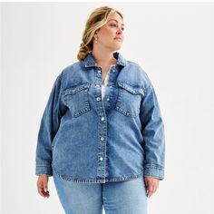 Collared Neckline Button Front Long Rolled Sleeves Button Cuffs Rounded Hem Relaxed Shacket Styling . 100% Cotton Denim Shacket, Petite Size Chart, Rolled Sleeves, Womens Size Chart, Petite Size, Jean Coat, For Life, Jean Jacket, Perfect Fit