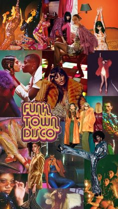 a collage of photos with the words funky town disco written on them and images of people dressed in costumes