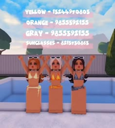 three girls in bathing suits are standing next to each other with their hands up and arms raised