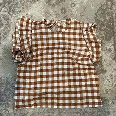 Xxl Brown & White Checkered Ruffle & Short Sleeved Shirt From A New Day Chic Plaid Short Sleeve Tops, Chic Short Sleeve Plaid Top, Trendy Brown Cotton Blouse, Brown Cotton Tops For Daywear, Chic Plaid Cotton Tops, Chic Plaid Cotton Shirt, Casual Gingham Blouse For Fall, Chic Short Sleeve Plaid Blouse, Short Sleeve Gingham Blouse For Day Out