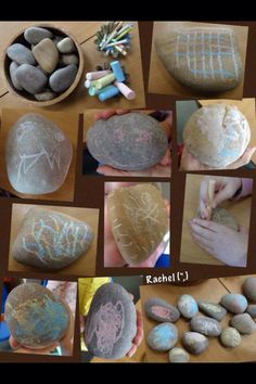 a bunch of rocks that are on top of a table with some writing on them