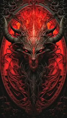 an artistic painting with red eyes and horns