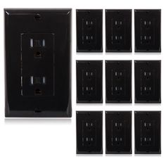 eight black electrical outlets and one outlet cover