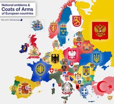 a map with flags and coat of arms all over the entire country, including european states