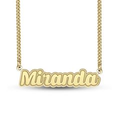 Gift her a sure-to-be-treasured fashion statement she'll want to wear with everything - this lovely personalized name necklace. Fashioned in your choice of sterling silver or sterling silver with 24K gold plate This design showcases her name - from three to nine characters in length with up to two uppercase letters - gleaming in a playful script font with shadow-like border. This name art suspends centered along a curb chain. The 20.0-inch necklace secures with a lobster claw clasp. Classic Engraved Nameplate Necklace, Classic Customized Name Necklace For Mother's Day, Customized Classic Name Necklace For Mother's Day, Elegant Customizable Gold Plated Necklaces, Elegant Customizable Gold Plated Jewelry, Classic Customized Nameplate Necklace, Elegant Customizable Gold-plated Jewelry, Classic Custom Nameplate Necklace, Classic Nameplate Necklace For Personalized Gift