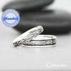 This His and Her Promise Ring Set is created in Sterling Silver. The set features a stunning repeated design, and can be created in the sizes and finishes of your choice. For the Narrow Band: This beautiful Art Deco-inspired Sterling Silver Fleur de Lis Wedding Band measures 3 mm (approximately .11 inches) in width and is embossed with a striking geometric motif. The inside of the band has been smoothed for a comfortable fit, and is gently curved for comfortable wear. This ring is wide enough fo Anniversary Stackable Rings With Intricate Design, Adjustable Rings With Unique Variations For Anniversary, Adjustable Sterling Silver Wedding Jewelry, Handmade Silver Bands For Wedding, Handmade Round Promise Ring, Handmade Engraved Toe Ring For Wedding, Unique Adjustable Stackable Rings For Wedding, Bohemian Stackable Round Rings For Weddings, Handmade Wedding Couple Rings