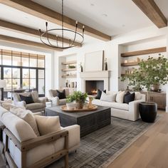 a living room filled with furniture and a fire place in the middle of a room