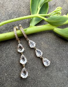 Stunning three drops of white topaz fabricated in 14k yellow gold and diamonds. White Topaz, Topaz, Diamond Earrings, Diamonds, Yellow Gold, Yellow, White