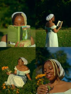 two girls in white dresses and bonnets, one reading a book while the other holding a flower