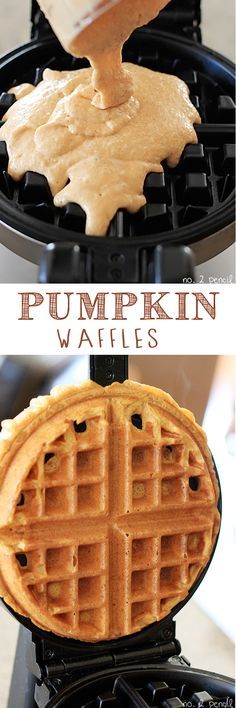 pumpkin waffles with maple syrup being drizzled over them on top