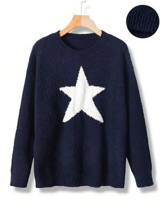 Plus Size Winter Casual Star Pattern Crew Neck Soft And Comfortable Sweater Multicolor Casual  Long Sleeve Fabric Colorblock,Geometric Pullovers Slight Stretch  Women Plus Clothing, size features are:Bust: ,Length: ,Sleeve Length: Patterned Sweaters, Pull Bleu Marine, Pull Bleu, Plus Size Pullover, Beautiful Hair Accessories, Plus Size Winter, Comfortable Sweater, Casual Hat, Plus Size Sweaters