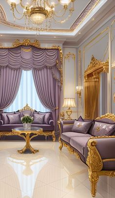 an elegant living room with purple couches and gold trimmings, chandeliers and curtains