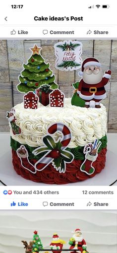 a cake decorated with santa clause and christmas decorations